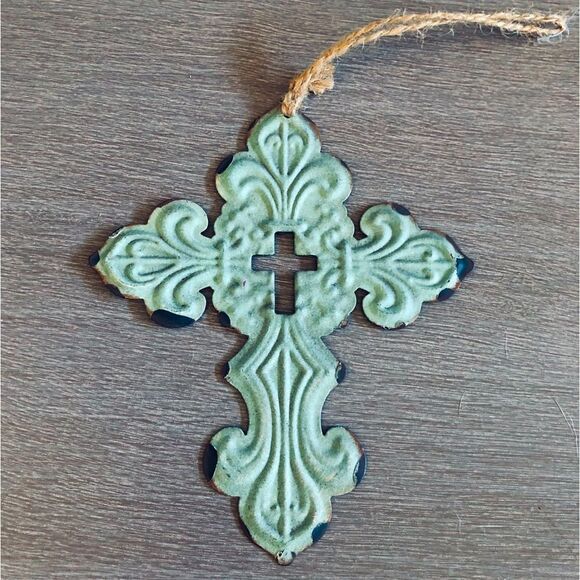 Aqua Teal Rustic Metal Scroll Cross Wall Hanging Decor or Ornament - Picture 1 of 2
